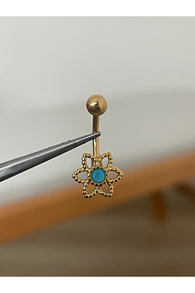 Rupen Kraft 316 L Cerrahi Çelik Gold Renginde Çiçek Modeli Mavi Taşlı Göbek P...