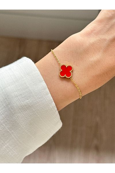 YOUES JEWELRY 316L Steel Clover Red Bracelet Women's Bracelet Single Clover Double Sided Bracelet