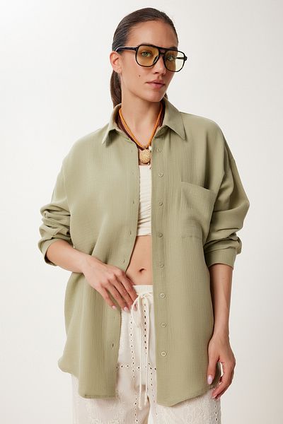 Lovelyİstanbul Cămașă de bază oversize din muselină KHAKI DESCHIS LMX0002