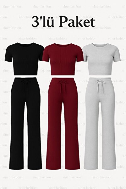 Siner Fashion 3-Piece Women's Crop Wide Leg Pants Bottom Top Set