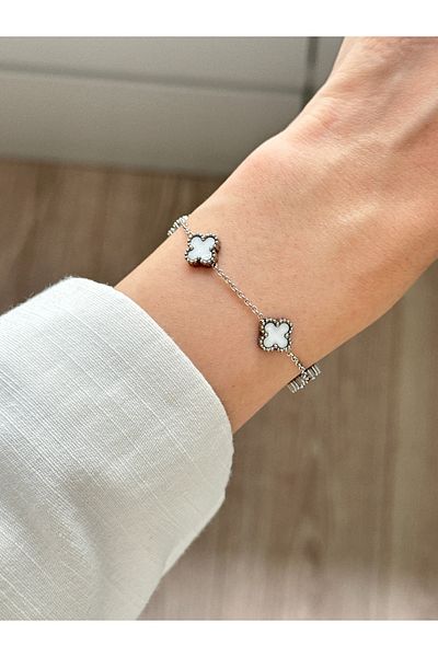 YOUES JEWELRY 316L Steel Mini Size Clover Bracelet Women's Bracelet Double Sided Bracelet Silver