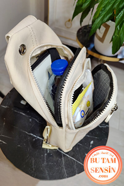 Bu Tam Sensin Krem Unisex Su Geçirmez Krinkıl Kumaşlı Fermuarlı 5 Bölmeli Çapraz Body Bag Vücut Çantası