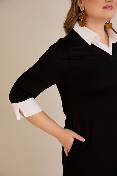 FOR ESRA BIG TREND Women's Shirt Collar Skirt Stone Detail Pocket Side Slit Three Quarter Sleeve Midi Length Stretchy Viscose Dress