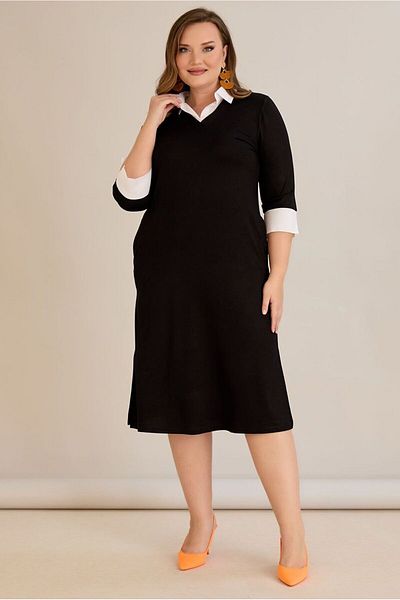 FOR ESRA BIG TREND Women's Shirt Collar Skirt Stone Detail Pocket Side Slit Three Quarter Sleeve Midi Length Stretchy Viscose Dress
