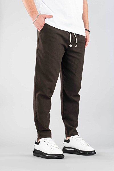 bombe Erkek Jogger Keten Pantolon Beli Lastikli Ipli Pamuklu Rahat Boyfriend Pantolon Kahverengi