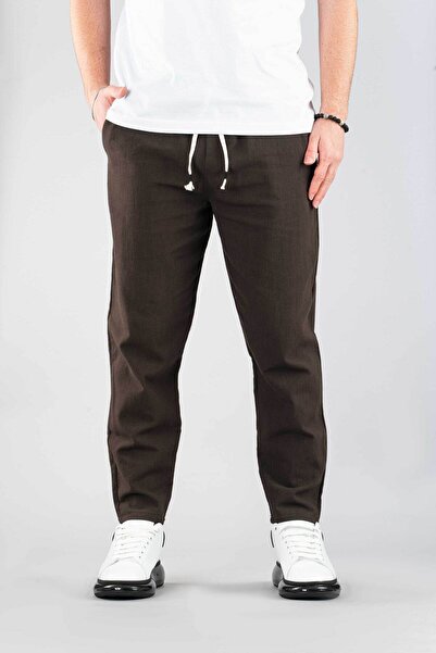 bombe Erkek Jogger Keten Pantolon Beli Lastikli Ipli Pamuklu Rahat Boyfriend Pantolon Kahverengi