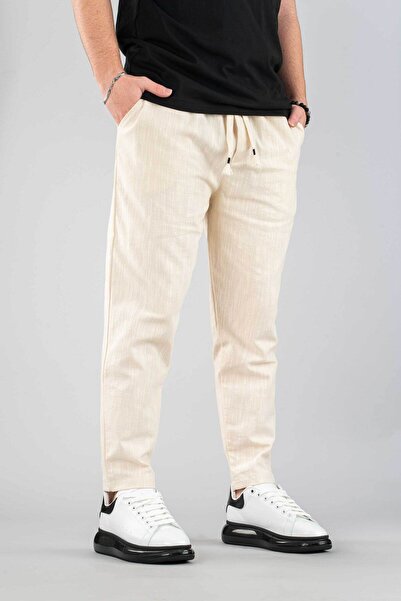 bombe Erkek Jogger Keten Pantolon Beli Lastikli Ipli Pamuklu Rahat Boyfriend Pantolon Bej
