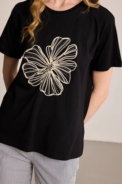 Gusto Βαμβακερό T-Shirt με Κέντημα Floral - Μαύρο