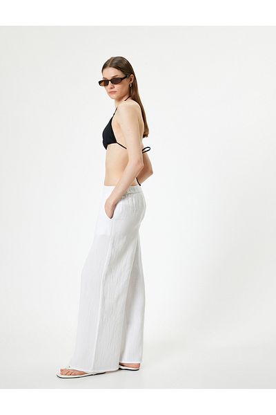 Koton New Season Wide Leg Trousers with Tie Waist and Textured Pockets