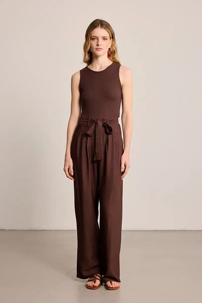 Gusto Viscose Jumpsuit with Belt - Brown