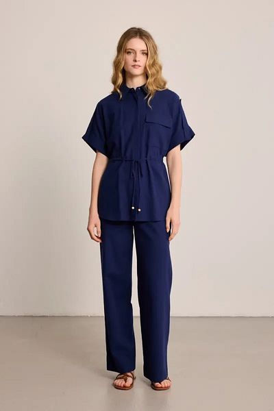 Gusto Cotton Linen Wide Leg Trousers - Navy Blue