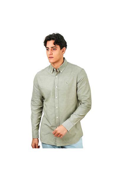 Giordano Men's Cotton Oxford Shirt - Small Lion Embroidery, Slim Fit, Full Button