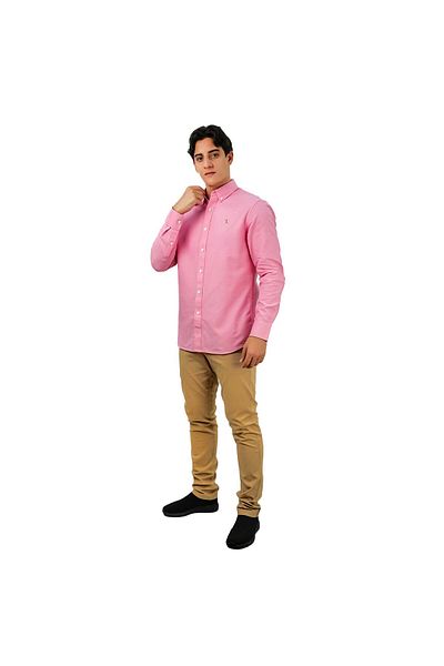 Giordano Men's Cotton Oxford Shirt - Small Lion Embroidery, Slim Fit, Full Button