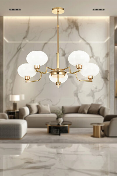 Avizemoda Vanna 5 li Beyaz Camlı Salon Oturma Odası Modern Sarkıt Avize - (Gold Kaplama)