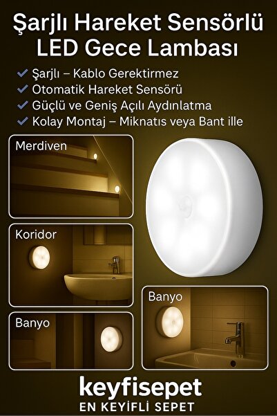 keyfisepet en keyifli sepet Şarjlı Hareket Sensörlü LED Gece Lambası – Kablosuz Akıllı Işık – Merdiven Dolap Koridor Aydınlatma
