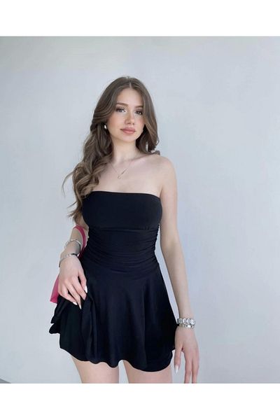 İpeksi Silky Strapless Sandy Fabric Shorts Princess Skirt Mini Clos Dress- Black