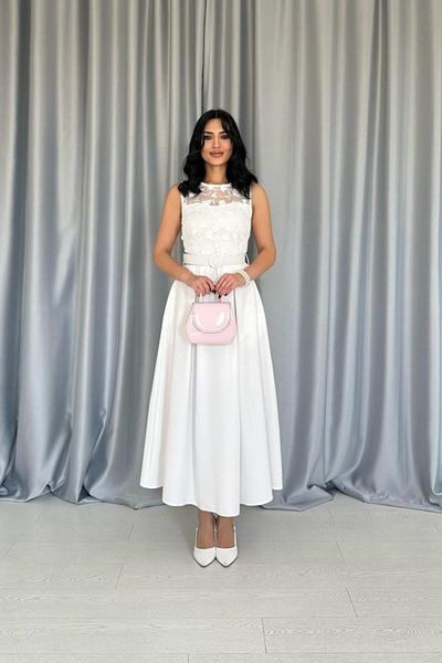 MRA Fashion White Lace Detailed Belted Dress
