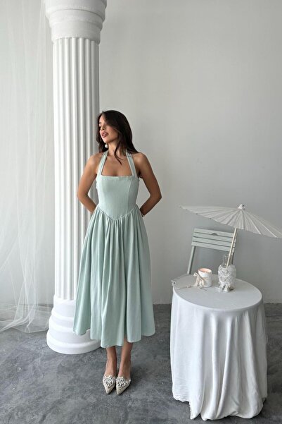 HAZEGO Рокля от лен с връзки отпред Edolika Mint