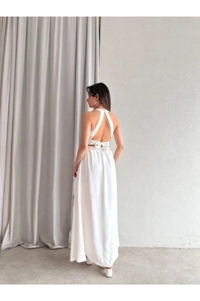 Kokosh moda Women's Crinkle Fabric Waist Gimped Halter Neck Maxi Length Dress