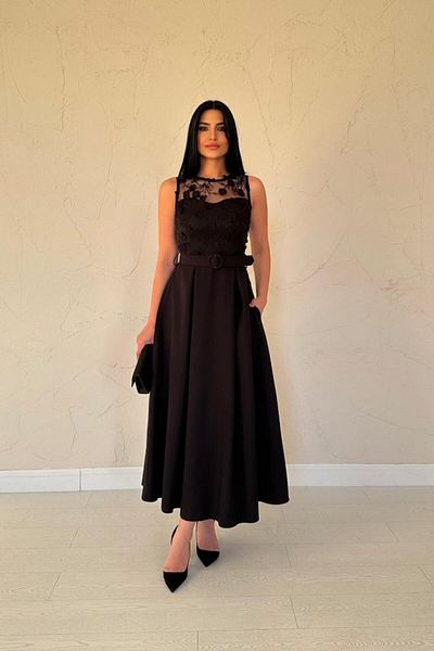 MRA Fashion Black Lace Front Belted Dress