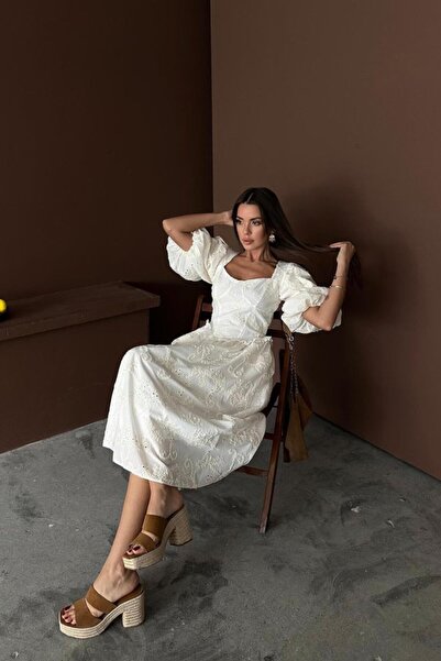 buğrahayalin Ecru Balloon Sleeve Lace Brode Dress