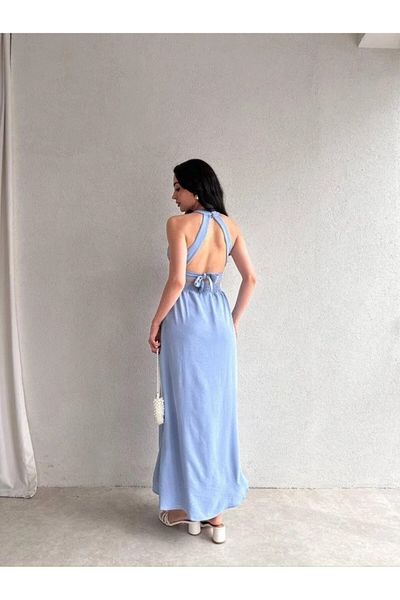 Gökyüzü Moda Women's Crinkle Fabric Waist Gimped Halter Neck Maxi Length Dress