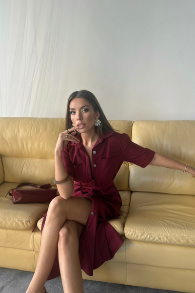 JANES Front Buttoned Short Sleeve Dress - Burgundy