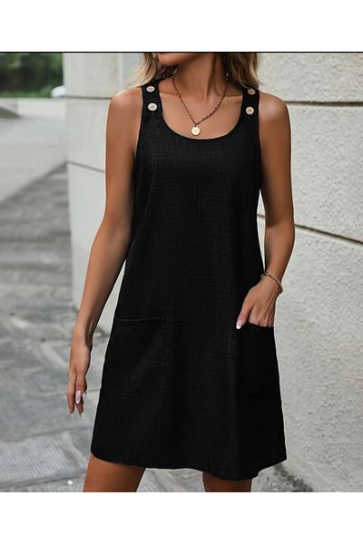 modaserdem Women's Straps Shoulders Button Round Neck Pocket Linen Dress