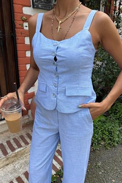 buğrahayalin Thick Strap Blouse Trousers Linen Suit 10187