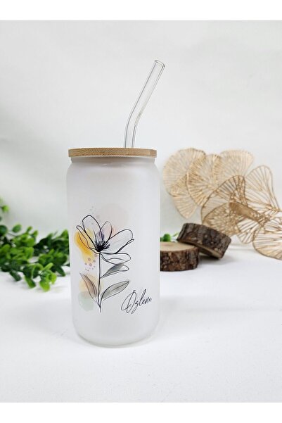 happy mountains İsme Özel Kişiye Özel Çiçekli Bambu Kapaklı Pipetli Buzlu Cam...