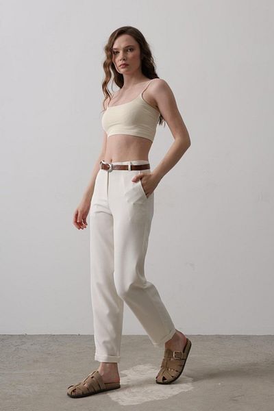 MRA Fashion Belted Carrot Trousers - Ecru