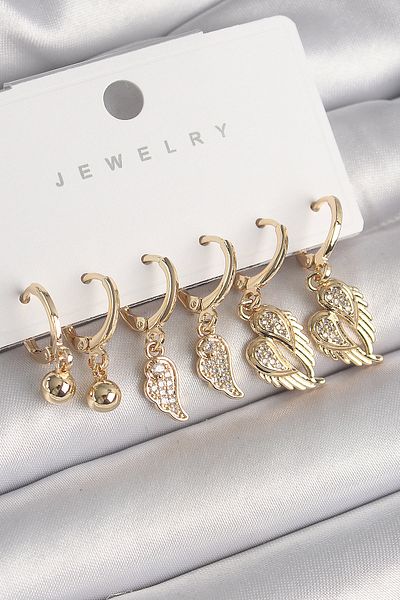Skygo Brass Gold Color Hanging Zircon Stone Wing Model Topcuk Detail Women's Earring Set - Tj-Bkp10286