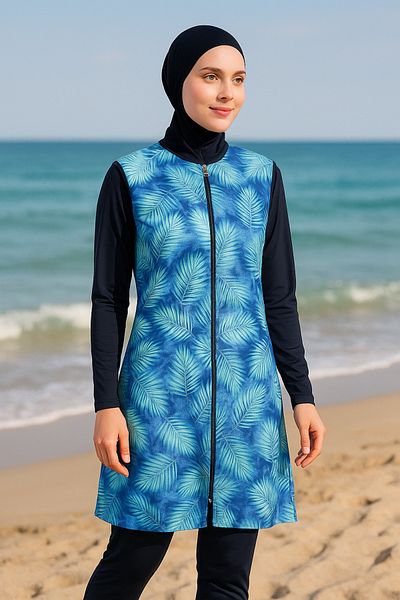 İYİBU Liamay Blue Leaf Pattern Full Covered Hijab Swimsuit 4 Pieces Water Repellent, Parachute Fabric