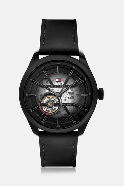 Tommy Hilfiger Men 1791887 Leather Watch, 45mm, Black