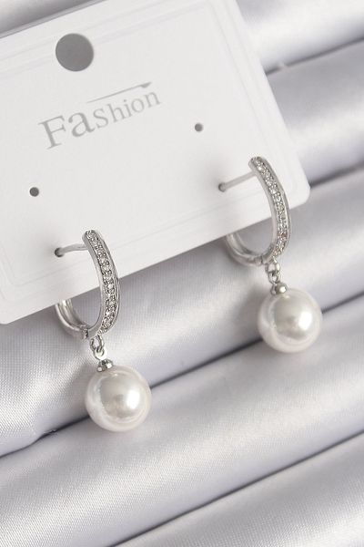 Skygo Brass Silver Color Zircon Stone Sallanı Pearl Model Women's Earrings - Tj-Bkp9751