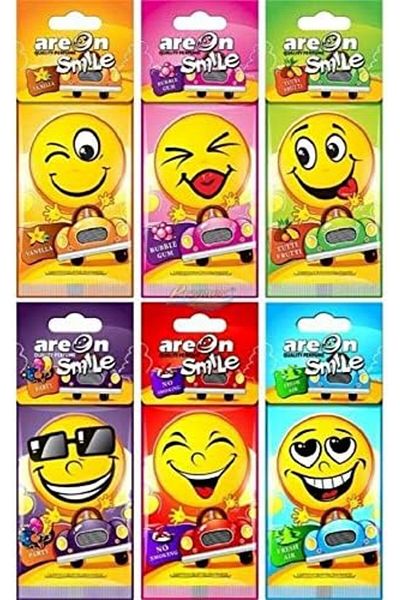 Areon Smile Dry Car Air Freshener, Pack of 24 (6 x 4 pieces) Black Crystal-Bubble Gum-Fresh Air-No S
