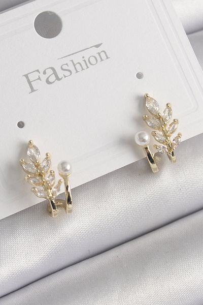 Skygo Brass Gold Color Zircon Stone Leaf Model Pearl Detail Earrings - Tj-Bkp9959