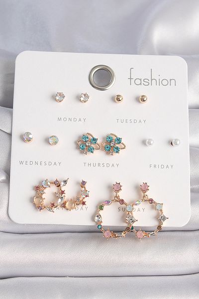 Skygo Brass Gold Color Zircon Stone Flower Hoop Model 7 Pairs Women Earrings Set - Tj-Bkp10160
