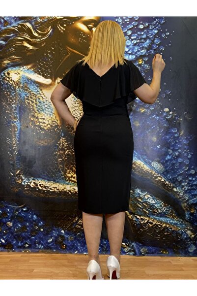 Yeşilmoda Abiye elbise kadin,krep kumaş,Astarlı,Desenli,kısa kollu,Taş işlemeli,V yaka,midi boy,Kısa yırtmaçlı