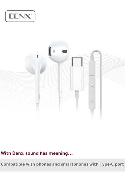 Denx سماعات أذن سلكية بمنفذ USB-C مع ميكروفون وتحكم في مستوى الصوت، سماعات أذن داخلية (أبيض) - صوت عالي الجودة
