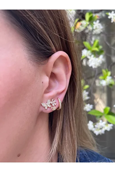 MODA 3-Piece Steel Earring Set with Stones, Flowers, Hoops and Butterfly Detail - Elegant Earrings