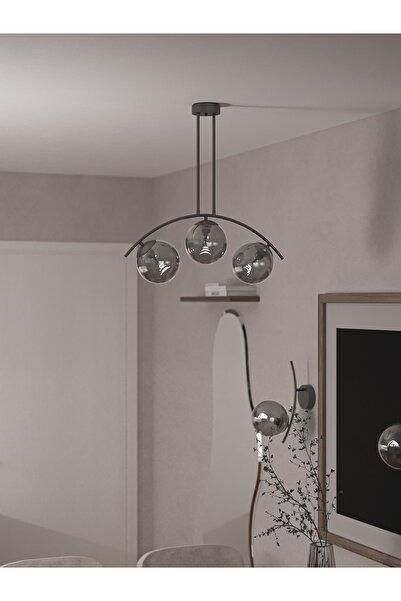 avizade Lal Yay Formlu Şık 3’lü Avize | Siyah Gövde Ve Füme Cam Küre – Modern...