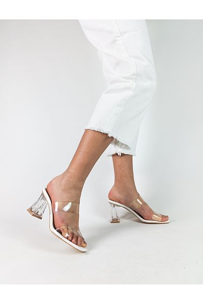 GDT Ayakkabı White Color Transparent Tape Heel Thick Heel Women's Slippers