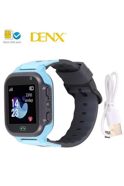 Denx ساعة ذكية للأطفال مزودة بنظام تحديد المواقع العالمي (GPS) وشريحة اتصال ومقاومة للماء - أزرق/أسود