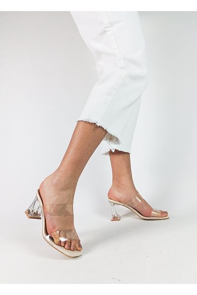 GDT Ayakkabı Beige Color Transparent Tape Heel Thick Heel Women's Slippers