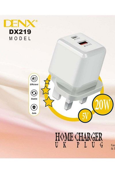 Denx محول طاقة USB-C ثلاثي الدبابيس بقوة 20 وات، أبيض