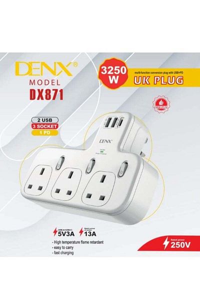 Denx شريط طاقة حائطي مزود بثلاثة منافذ ثلاثية ومنفذين USB ومنفذ PD يدعم الشحن السريع