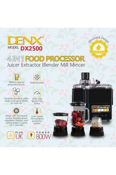 Denx محضر طعام 4 في 1 بقوة 800 واط مع وعاء بلاستيكي وشفرات تقطيع من الفولاذ المقاوم للصدأ - أسود