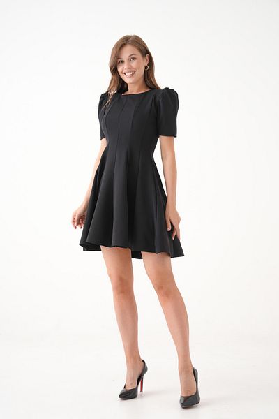 lovebox Women's Black Short Sleeve Pleat Detail Flared Cut Mini Evening Dress 2199