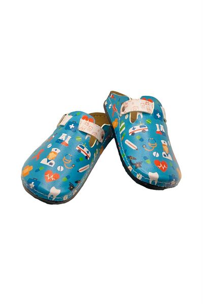 TECOS Saboti Medicali Pentru Dama, , Tip Sanitari, Turcoaz Cu Imprimeu Doctor, Marime 39, 26 Cm